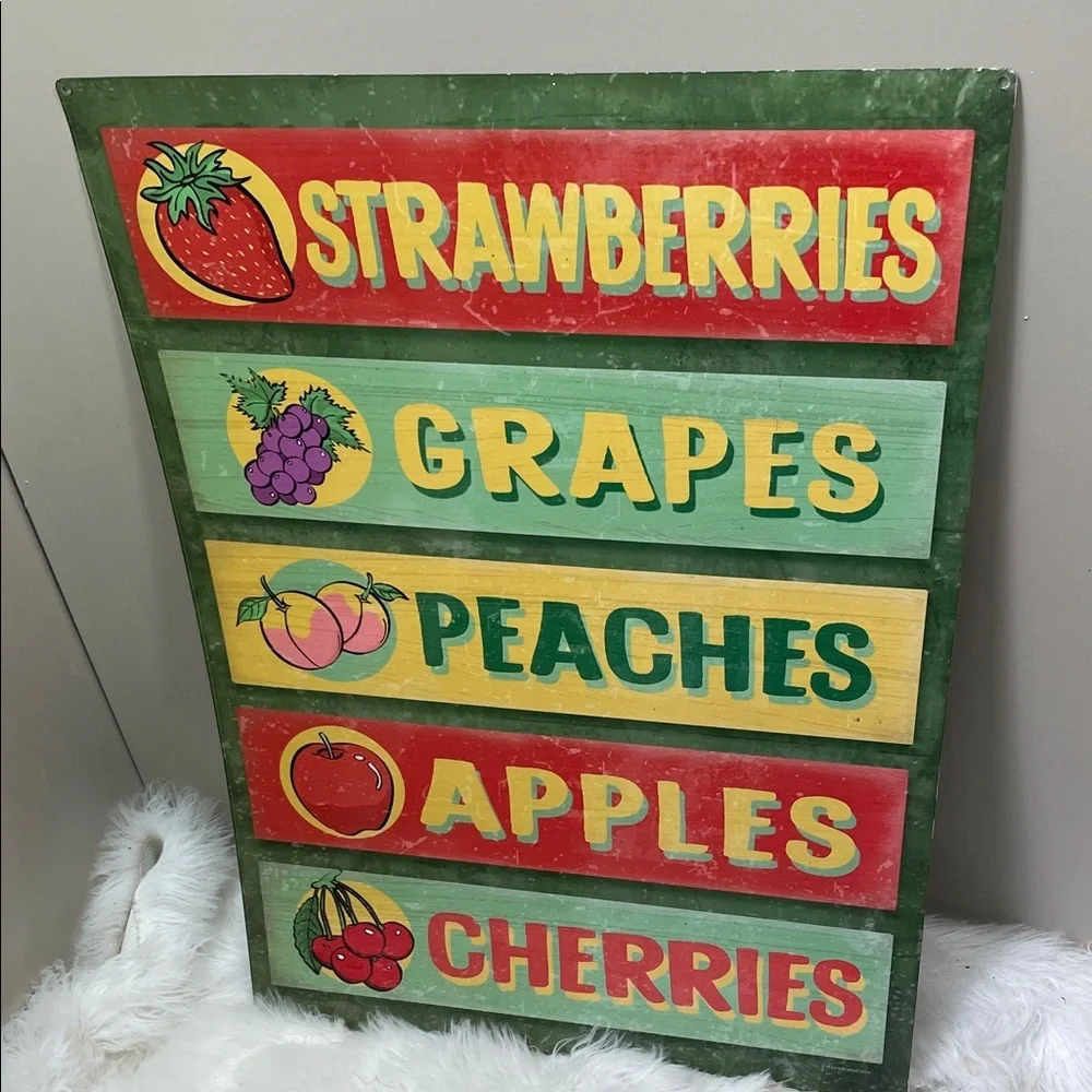 Farmstand Fruit metal Sign - Strawberries Grapes Peaches Apples Cherries